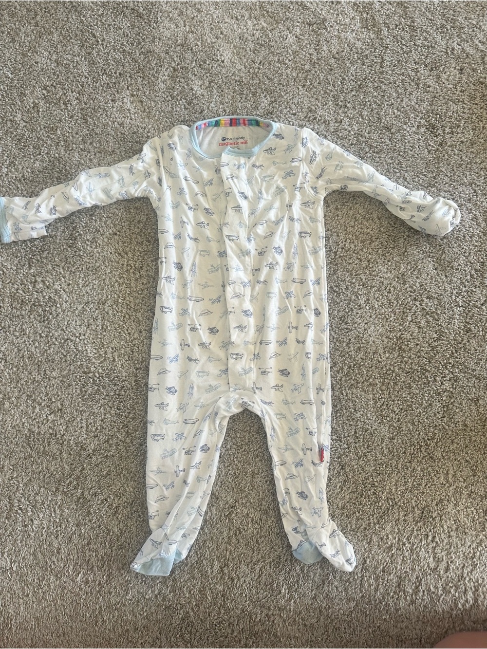 Magnetic Me White & Light Blue Airplane Print One-Piece Footed Pajamas Baby 3-6
